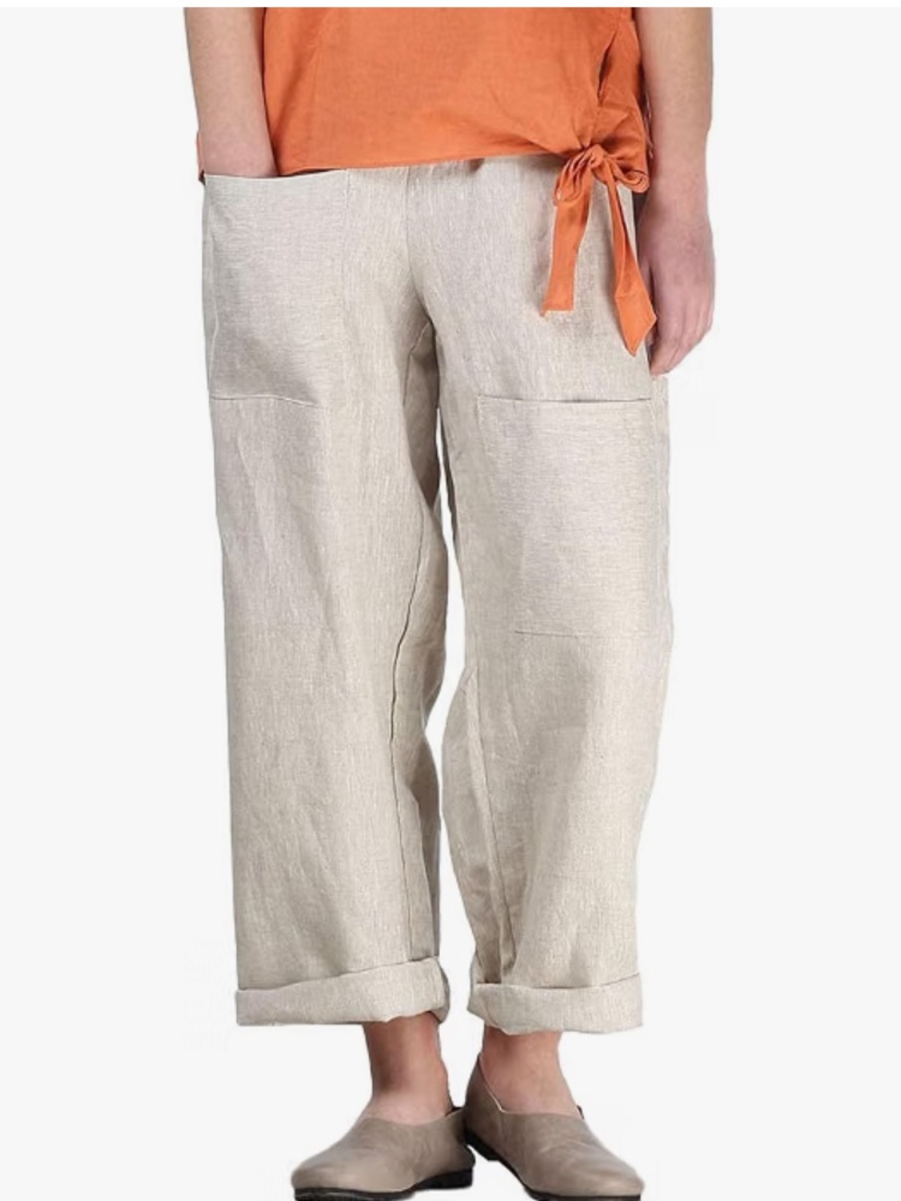 Cream/flax linen palazzo pants with patch pockets
